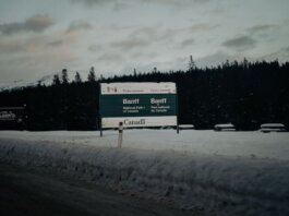 Snowy entrance to Banff National Park, Alberta, Canada.