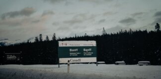 Snowy entrance to Banff National Park, Alberta, Canada.