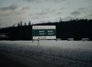 Snowy entrance to Banff National Park, Alberta, Canada.