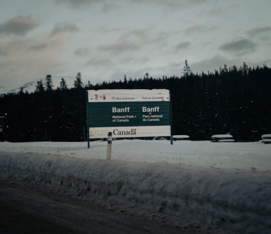 Snowy entrance to Banff National Park, Alberta, Canada.