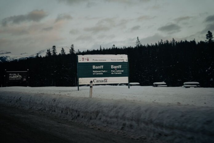 Snowy entrance to Banff National Park, Alberta, Canada.