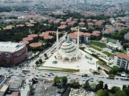 Stunning aerial view of a modern mosque in Istanbul, showcasing surrounding cityscape.