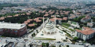 Stunning aerial view of a modern mosque in Istanbul, showcasing surrounding cityscape.