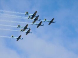 Stunning formation of aerobatic aircrafts performing in clear blue sky.