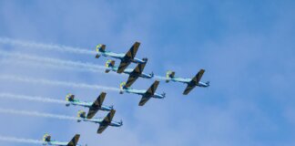Stunning formation of aerobatic aircrafts performing in clear blue sky.