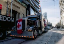 Truck convoy with Canadian flag during protest in downtown street. Demonstration for freedom movement.