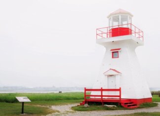 A charming red and white lighthouse stands on a tranquil seaside landscape.