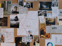 A detailed crime investigation board filled with photos, maps, and red strings connecting clues and evidence.