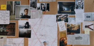 A detailed crime investigation board filled with photos, maps, and red strings connecting clues and evidence.