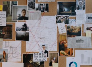 A detailed crime investigation board filled with photos, maps, and red strings connecting clues and evidence.