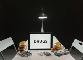 В Лондоне изъяты винтовка и кокаин на $25 тысяч A dimly lit room with a sign displaying 'DRUGS' surrounded by money and illegal substances.