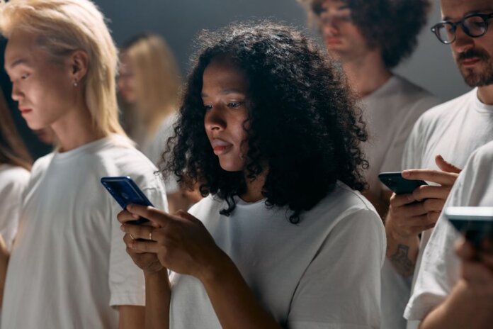 A diverse group of young adults focused on smartphones, symbolizing modern social connections and technology. A diverse group of young adults focused on smartphones, symbolizing modern social connections and technology.