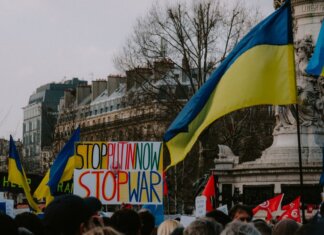 Канада выпустила заявление ко Дню независимости Украины A dynamic crowd in Paris rallies with Ukrainian flags and anti-war signs, advocating peace.