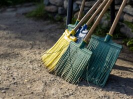 A group of colorful brooms standing on a dirt path outdoors, perfect for cleaning themes.