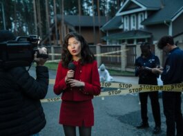 A journalist reporting from a crime scene with police officers and cameraman.