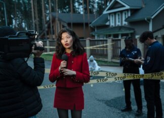 A journalist reporting from a crime scene with police officers and cameraman.
