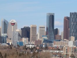 A stunning view of Calgary's skyline featuring the iconic Calgary Tower against a clear sky.
