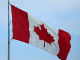 A vibrant Canadian flag fluttering in the wind, symbolizing national pride.