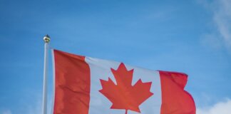 A vibrant Canadian flag waving in the breeze against a bright blue sky, symbolizing national pride.