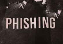 Abstract representation of phishing with the text on a textured dark surface.
