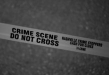 Black and white close-up of crime scene tape with Nashville text.