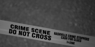 Black and white close-up of crime scene tape with Nashville text.