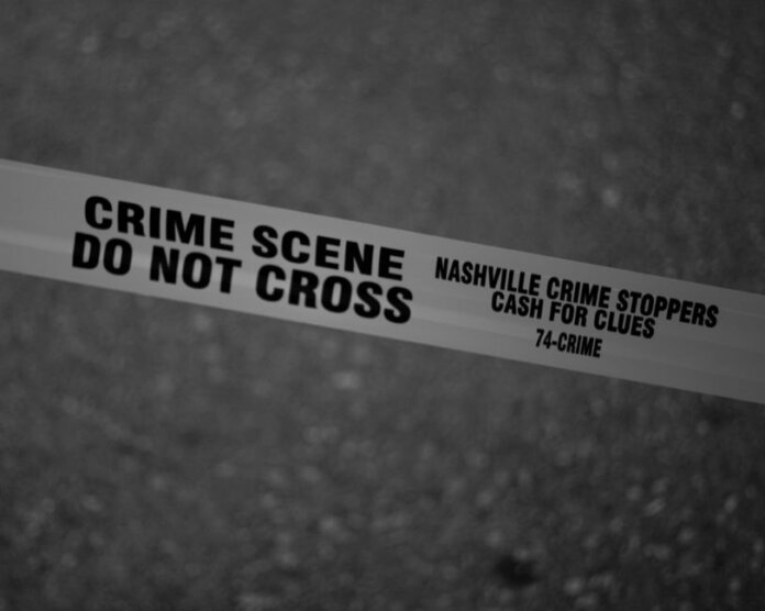 Black and white close-up of crime scene tape with Nashville text. Black and white close-up of crime scene tape with Nashville text.
