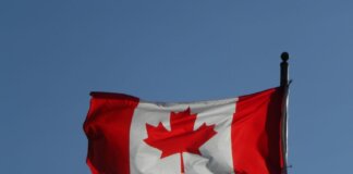Canadian flag prominently displayed against a clear blue sky, symbolizing national pride.