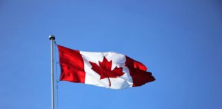 Canadian flag waving proudly against a clear blue sky in Victoria, BC.