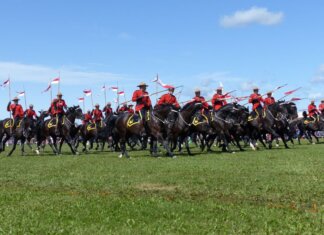 Королевский военно-морской флот Канады получил нового командующего Canadian Mounties in red uniforms riding horses at an outdoor event.