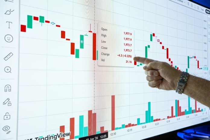Close-up of a hand pointing at a stock market graph on a screen showing financial data. Close-up of a hand pointing at a stock market graph on a screen showing financial data.