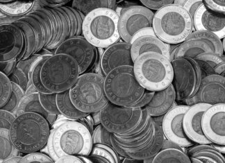 Close-up of Canadian coins in a monochrome color scheme, depicting wealth and currency.