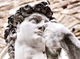 Detailed view of Michelangelo's David sculpture in Florence, Italy.