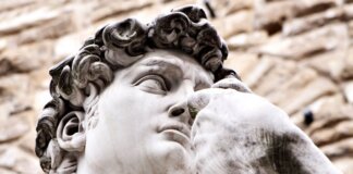 Detailed view of Michelangelo's David sculpture in Florence, Italy.