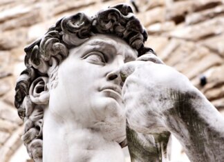 Detailed view of Michelangelo's David sculpture in Florence, Italy.