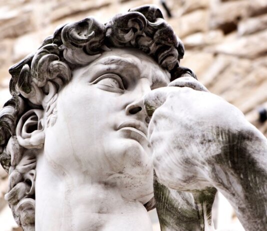 Detailed view of Michelangelo's David sculpture in Florence, Italy.