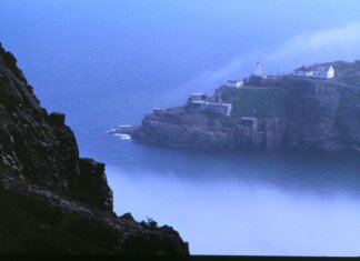 Dramatic coastal view of St. John's harbor with lighthouse amidst fog.