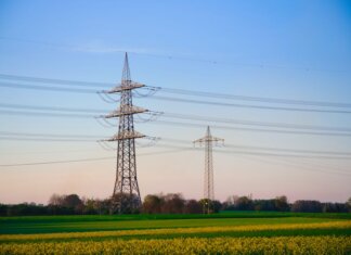 Dusk landscape showing transmission towers and lush fields under a clear sky.