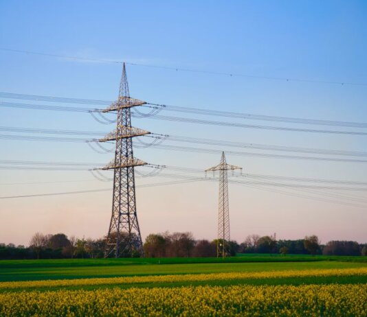 Dusk landscape showing transmission towers and lush fields under a clear sky.