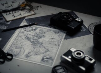 Electronic devices for taking photo and scissors with pencil composing with herbarium and detailed map of world on table in room