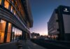 Evening view of modern architecture and urban streets in Southampton, UK.