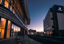 Evening view of modern architecture and urban streets in Southampton, UK.