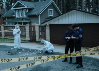Полиция Калгари ищет мужчину, напавшего на посетителя в туалете Tim Hortons Forensic team investigates suburban crime scene with police officers and evidence markers.