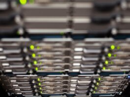 From above contemporary server cable trays without wires located in modern data center