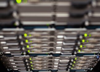 From above contemporary server cable trays without wires located in modern data center