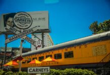 Iconic Los Angeles Carney's restaurant featuring train car dining and bold signage.
