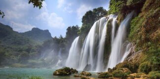 Majestic view of Ban Gioc Waterfall cascading into a serene pool amidst lush greenery in Cao Bang, Vietnam.