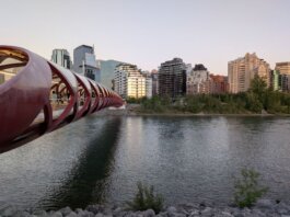 Peace Bridge spans the Bow River with Calgary's skyline in the background during a serene evening.