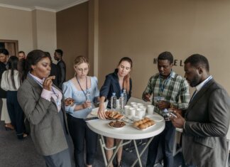 Prominent business professionals networking and enjoying refreshments at a conference.