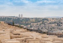 Scenic view of Jerusalem, Israel, featuring a historic cemetery and urban landscape under a blue sky.